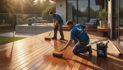 Philadelphia Paint Pros sealing a deck in Philadelphia, PA to protect wood from moisture and sun damage